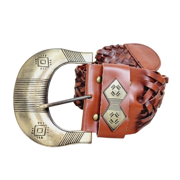 Cabi | Brown Leather Southwestern Bohemian Brass Buckle Wide Woven Braided Belt - Picture 2 of 9